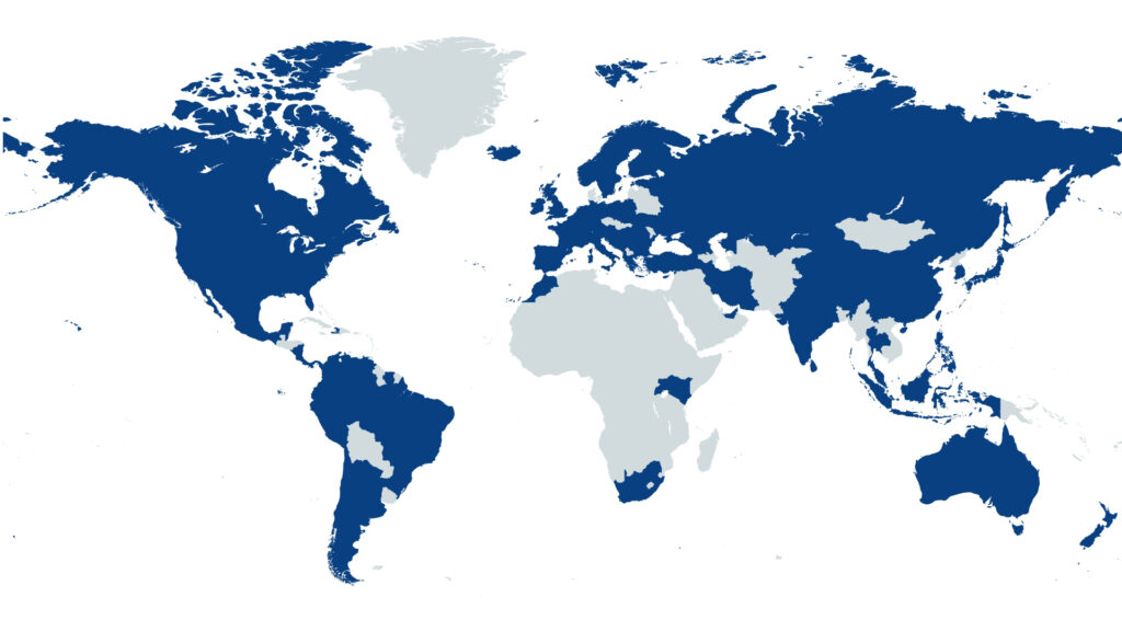 A map highlighting the 75+ countries where Rescue 3 training has been delivered.