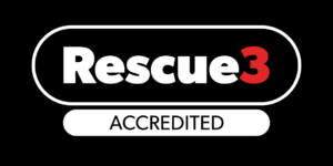 Rescue 3 accredited logo, white and red, on black background