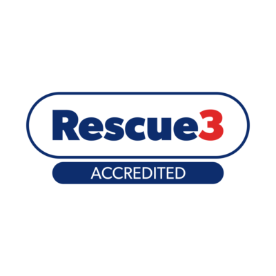 'Rescue 3 accredited' logo in blue and red text on a square white background.